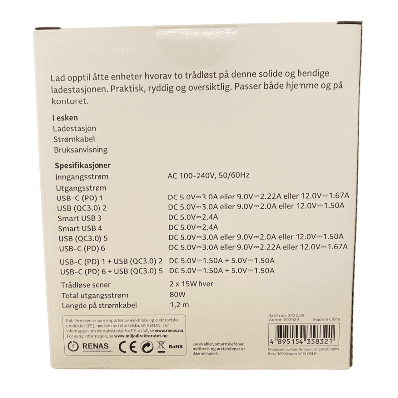 Ladestasjon med LED-display, USB-porter og 2 trådløse soner Superpris!