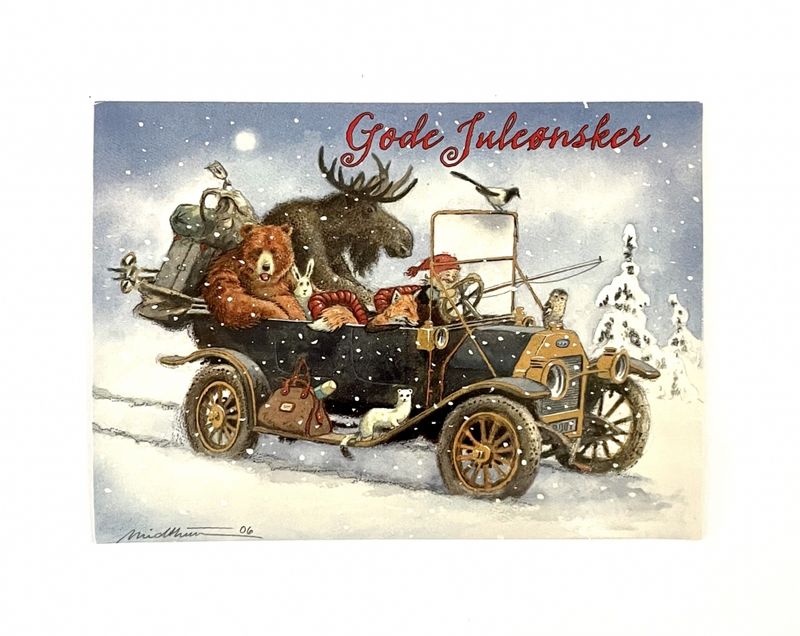 Julekort enkelt Nisse i bil med elg og bjørn